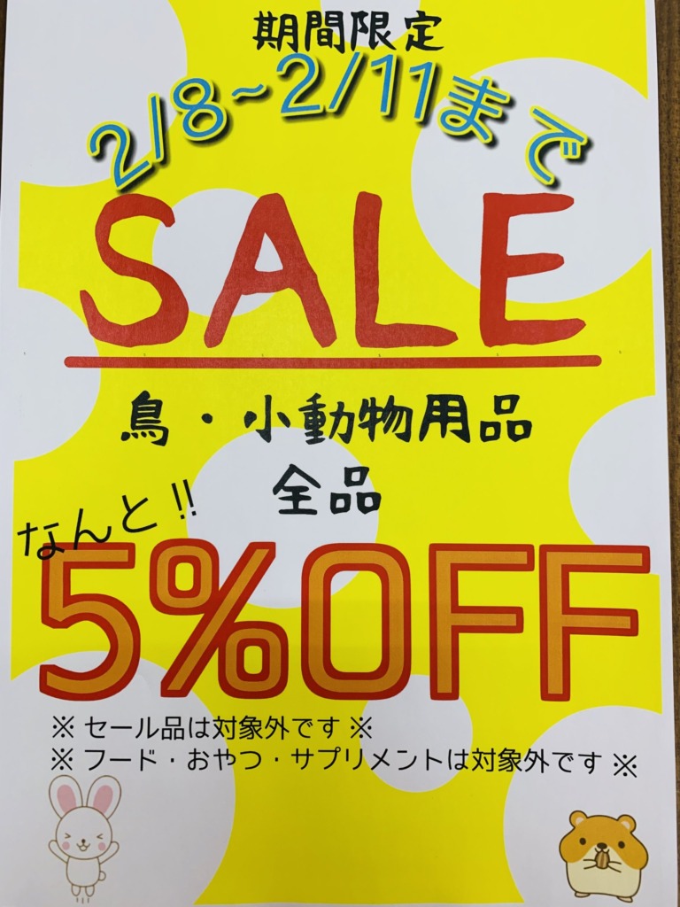 【東広島店】４間限定！鳥・小動物用品５％OFF